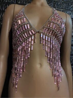 Pink Beaded Fringe Chain Bralette